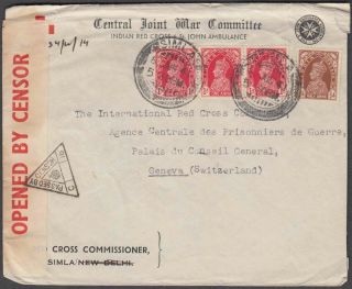 India 1941 Red Cross Wwii War Committee Pow Censor Cover To Switzerland - Rare