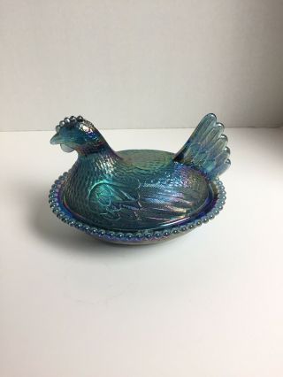 Indiana Carnival Glass Iridescent Blue Chicken Hen On Nest Covered Candy Dish