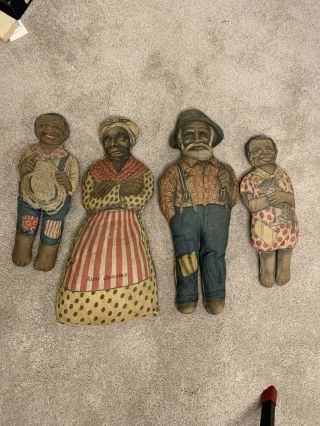 Look Early Antique Litho Cloth Doll Set: Aunt Jemima,  Mose,  Wade,  And Diana C1918