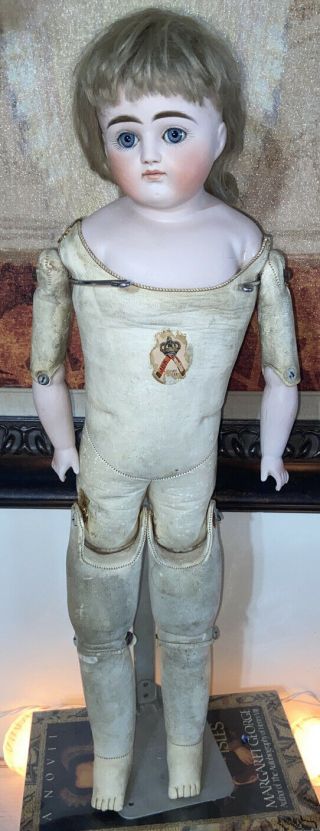 Antique 22 " Jkd Kestner Doll Closed Mouth Turned Bisque Head Kid Leather Sticker