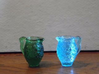 2 Vintage Small Pitcher Toothpick Holders Ice Blue & Green Daisy Button Pattern