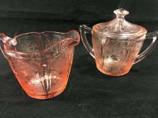 Jeannette Glass Pink Cherry Blossom Creamer And Sugar With Lid Vintage Etched