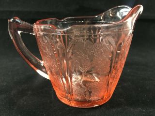 Jeannette Glass Pink Cherry Blossom Creamer and Sugar with Lid Vintage Etched 2