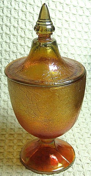 Vintage Imperial Marigold Carnival Glass 8 " Crackle Candy Dish W/lid,  Pedestal