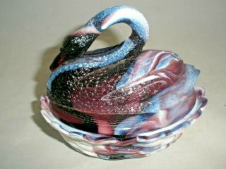 Purple Slag Glass Swan Bird On Nest Covered Candy Dish