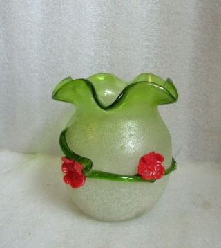 Antique Kralik Victorian Style Green Overshot Glass W Applied Flower Vase 4.  5 "
