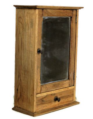Vintage Hand Carved Sandblasted Kitchen Apothecary Small Wall Cabinet Mirror