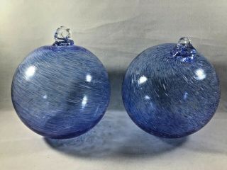 Art Glass Large Blue Balls - Set Of 2 Loops For Hanging