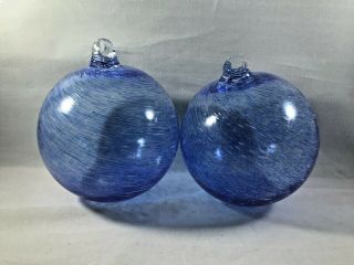 ART GLASS LARGE BLUE BALLS - SET OF 2 LOOPS FOR HANGING 2