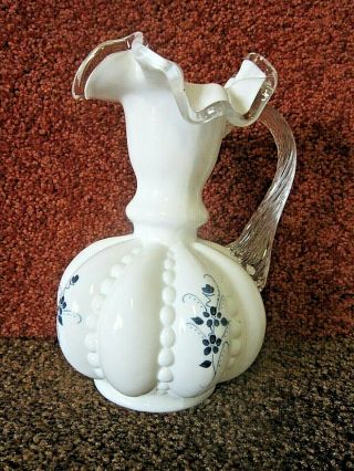 Vintage Fenton 6.  5 " Pitcher White Blue Floral Clear Ruffled Edge Rim Signed