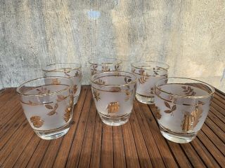 Set Of 6 Libbey Mid Century Frosted Gold Leaf Rocks Barware Glasses -