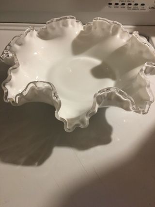 Vintage White Milk Glass Candy Bowl Dish With Ruffled Scalloped Clear Edge