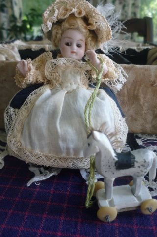 Miniature 3.  5 Inch Glass Eyes All Bisque Doll W/ Display Box And Toy Pony