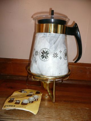 Vtg Pyrex Corning Glass Coffee Pot Carafe Town & Country W/ Candle Warmer 1960s