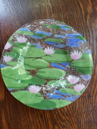 Vintage Signed Fused Art Glass Plate Bowl Dish Water Lily Lillies