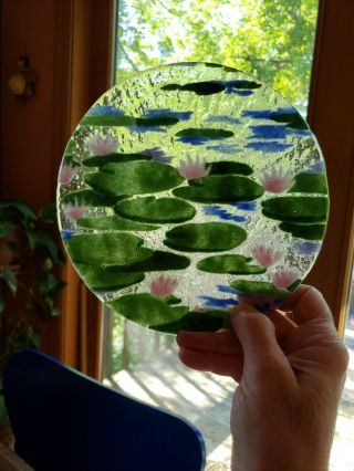 Vintage Signed Fused Art Glass Plate Bowl Dish WATER LILY LILLIES 2