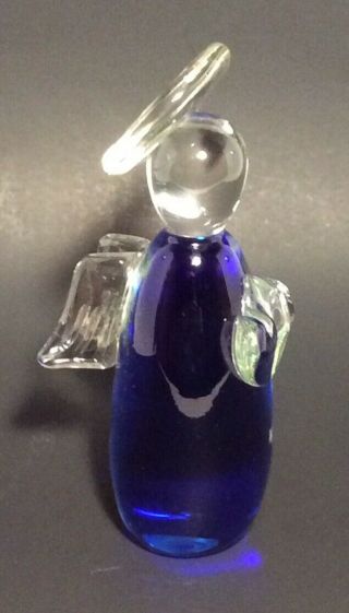 Cobalt Blue And Clear Hand Blown Glass Angel Paperweight Figurine Decor 6.  5 X 2”