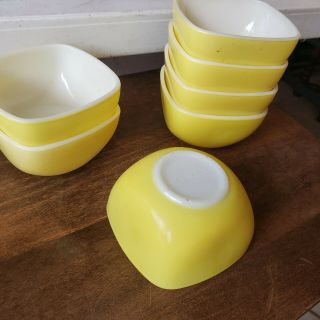 Set Of 7 Vintage Yellow Pyrex Small Square Hostess Dish Bowls