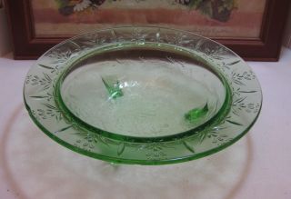Vintage Us Glass Green Depression Glass Rose & Thorn 3 Toed Footed 11 " Bowl