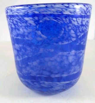 Vtg Heavy Hand Blown Art Glass Vase Blue White Swirls Cobalt Mottled Bowl 6 "