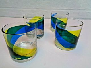 Set Of 4 Mid Century Vintage Bar Glasses Yellow/blue/green Retro Colony