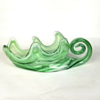 Vintage Hand Blown Green Swirl Art Glass Dish Sooner Usa? Leaf Sleigh Cornucopia