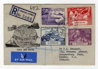 Cyprus 1949 Upu Illustrated First Day Cover,  Registered Limassol To Uk