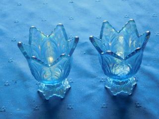Fenton Tulip Shape Votive Size Candle Holders Two (2) Blue Carnival Luster