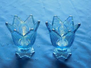 Fenton Tulip shape votive size candle holders Two (2) blue carnival luster 2
