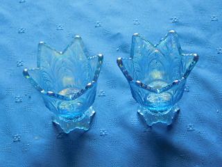 Fenton Tulip shape votive size candle holders Two (2) blue carnival luster 3
