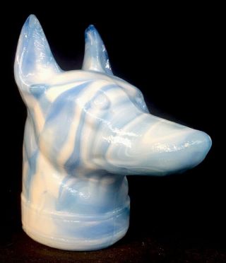 Boyd Art Glass Blue And Milk Slag Doberman Dog Head