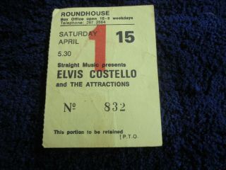 Elvis Costello And The Attractions 15th April 1978 Roundhouse Concert Ticket