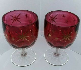 2 Vtg Bartlett Collins Cranberry Atomic Star Thumbprint Glass Beer Goblets