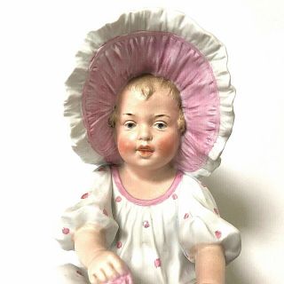 Antique Gebruder Heubach Bisque Blonde Piano Baby Girl Pink Bonnet 10 1/2 " Tall