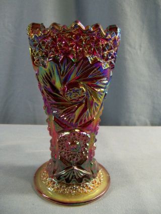 L.  E.  Smith Red Carnival Glass Vase W/ Yellow Foot Pinwheel Hobstar Design 6 "