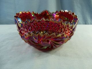 L.  E.  Smith Red Carnival Glass Bowl Saw Tooth Edge Pinwheel Hobstar Design