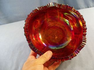 L.  E.  Smith Red Carnival Glass Bowl Saw Tooth Edge Pinwheel Hobstar Design 2