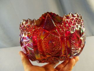 L.  E.  Smith Red Carnival Glass Bowl Saw Tooth Edge Pinwheel Hobstar Design 3
