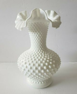 Vintage Fenton Hobnail Ruffled Edge Milk Glass Vase 11 " 3752