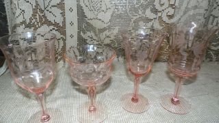 Vintage Crystal Pink Stem Wine Glasses Optic Panel Etched Design 4 Pc.