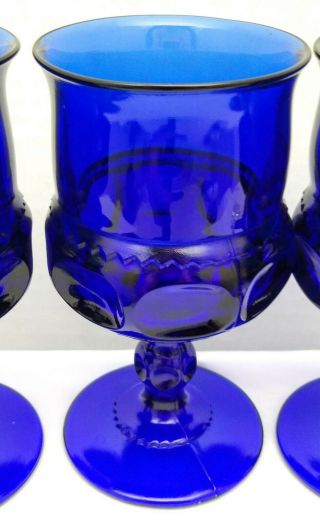 5 Kings Crown Tiara Thumbprint Cobalt Blue Indiana Glass Goblets 2