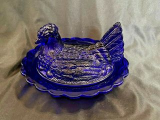 Cobalt Blue Glass Salt Cellar Hen Chicken On Nest Basket Dish Chick Dip Navy Art