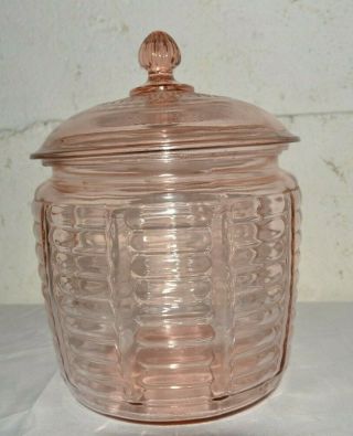 Antique/vintage Pink Depression Glass Cookie Biscuit Jar Canister Bee Hive W/lid