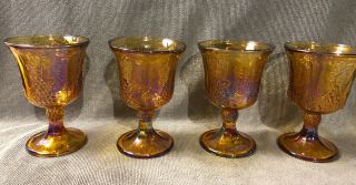 Vintage Set Of 4 Amber Harvest Marigold Carnival Glass Goblets W/ Grape Pattern
