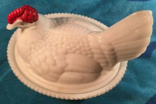 Vintage Westmoreland White Milk Glass Hen On Nest Split Tail Red Painted Comb
