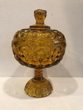 Vtg L.  E.  Smith Lidded Amber Gold Moon And Stars Footed Compote Candy Dish