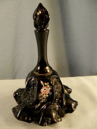 Fenton Hand Painted Black Glass Paisley Bell Pink Copper Rose Design