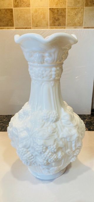 Imperial Doeskin Milk Glass Loganberry Grape And Leaf Vase 10” Tall