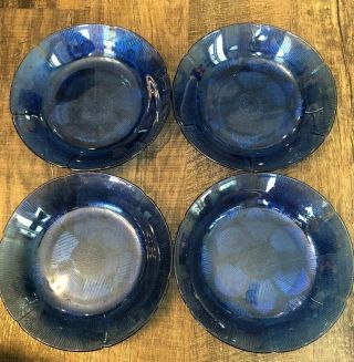 4 8 1/2 Inch Cobalt Blue Glass Salad Pasta Bowls Art Deco Inspired Flower Design