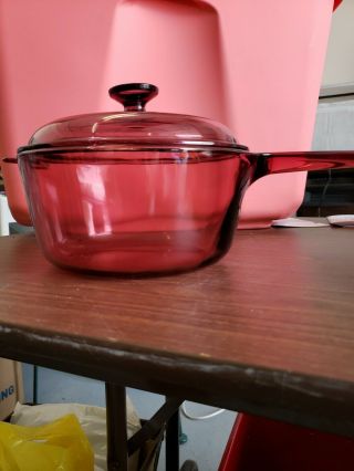 Vintage Corning Vision Ware Cranberry Pot 2.  5l Sauce Pan With Lid Usa